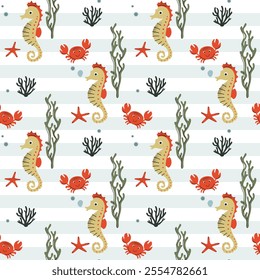 Seamless pattern with cute seahorse and crab. Marine animals. Cartoon sea. Background with underwater characters.