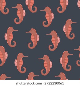 Padrão contínuo com cavalo marinho bonito no fundo azul escuro. Ilustração vetorial com animais marinhos.