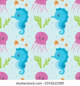 Seamless pattern with cute seahorse, starfish, jellyfish and corals. Funny multicolor background, marine texture. Modern vector stock illustration.