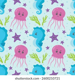 Seamless pattern with cute seahorse, starfish, jellyfish and corals. Funny multicolor background, marine texture. Modern vector stock illustration.