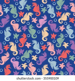 Seamless pattern cute seahorses.