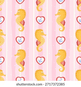 Seamless pattern with cute seahorses. Cute marine tropical design for summer textiles, kids clothes, and beach-themed wrapping paper.