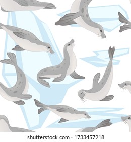 Seamless pattern of cute seal cartoon animal design flat vector illustration on white background with iceberg