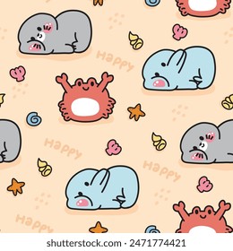 Seamless pattern of cute seal and dolphin lay on sand background.Crab,shell,happy text.Marine animal character cartoon design.Image for card,sticker,baby clothing.Kawaii.Vector.Illustration