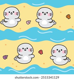 Seamless pattern of cute seal stay on sand beach with shell background.Summer.Mammals animal character cartoon design.Kawaii.Vector.Illustration.