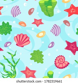 seamless pattern with cute seashells, seaweed and sea stars on a blue background - vector illustration, eps