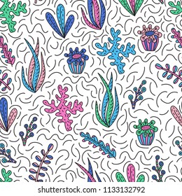 Seamless pattern with cute seaweeds in doodle style. Hand drawn vector illustrations