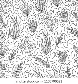 Seamless pattern with cute seaweeds in doodle style. Hand drawn vector illustrations