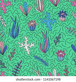 Seamless pattern with cute seaweeds in doodle style. Hand drawn vector illustrations