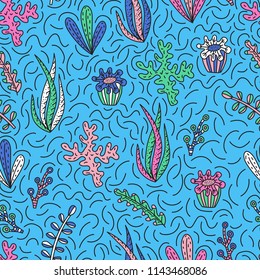Seamless pattern with cute seaweeds in doodle style. Hand drawn vector illustrations