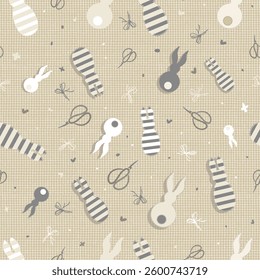 Seamless pattern with cute sew bunnies in earthy green tones. Easter bunnies. Flat vector illustrations for fabric, packaging, holiday celebration.