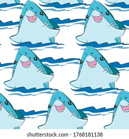 Seamless pattern cute shark background for textile. Vector. Fish background.