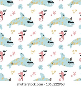 Seamless pattern with cute shark in carnival mask in cartoon style, sea elements, seahorce. Vector illustration for kids print, fabric design. Nursery decoration