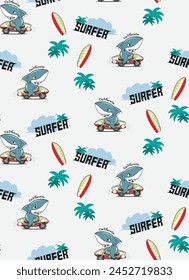 Seamless pattern, Cute shark cartoon riding a motorcycle with a surfboard on the road isolated on white background illustration vector.