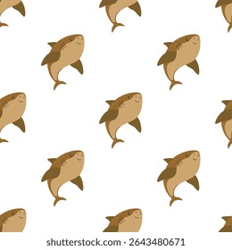 seamless pattern of cute shark, cheerful mammal isolated on white background