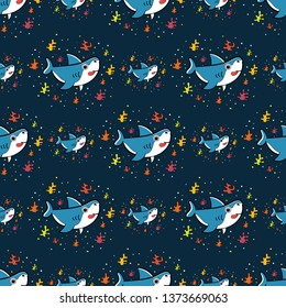 Seamless pattern with Cute Shark on blue background. vector illustration