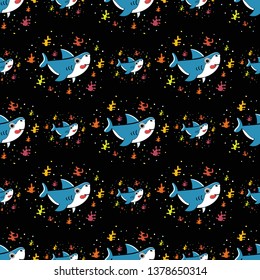 Seamless pattern with Cute Shark on black background. vector illustration