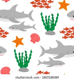 Seamless pattern cute shark and sea elements  algae corals seashell fish starfish vector illustration