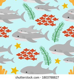 Seamless pattern cute shark and sea elements  algae corals seashell starfish vector illustration