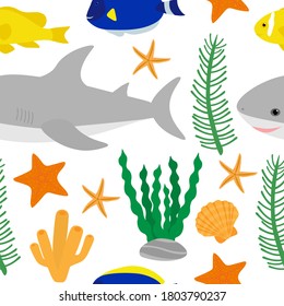Seamless pattern cute shark and sea elements  algae corals seashell fish starfish vector illustration