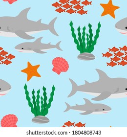 Patrón sin foco tiburón lindo y elementos del mar algas corales marea estepa ilustración vectorial