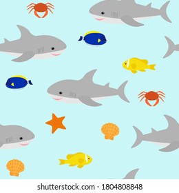 Seamless pattern cute shark and sea elements crab seashell fish starfish vector illustration