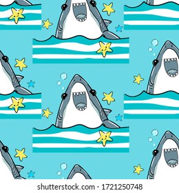 Seamless pattern cute shark and starfish background for textile. Vector illustration. Childish print design for fabric, t-shirts, poster, background.