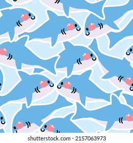 Seamless pattern of cute shark sticker cartoon on blue background.Animal fish character design.Repeat.Kawaii.Vector.Illustration.