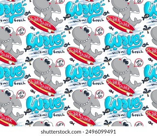 Seamless pattern, Cute shark surfing on a wave, Funny hand drawn characters for kids, Vector cartoon illustration.