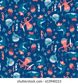 Seamless pattern with cute sharks and octopuses in pirate costumes. Vector illustration