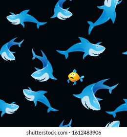 Seamless pattern with cute sharks and scared little fish on black background. Cartoon funny character. Vector illustration for childish print, wallpaper, textile, kid stationery design, wrapping paper