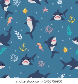 Seamless pattern with cute sharks, seahorses, fish and sea plants. Vector illustration for fabric, textile for kids.