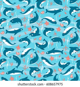 Seamless pattern with cute sharks. Vector illustration