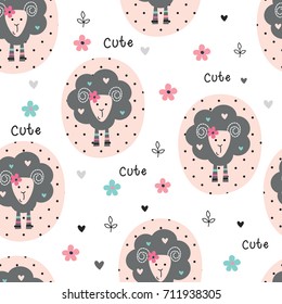 Seamless pattern with cute  sheep and abstract flowers for scrapbook paper, wrapping paper, kids design