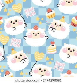 Seamless pattern of cute sheep with cake in party concept background.Farm animal character cartoon design.Image for card,sticker,baby clothing.Birthday.Celebrated.Have fun.Kawaii.Illustration.