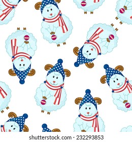 Seamless Pattern with Cute sheep in a cap and scarf with the flag of USA