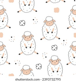 Seamless pattern with cute sheep. Cartoon animal background. For prints, wallpaper, decorations, textiles, wrapping, vector illustrations