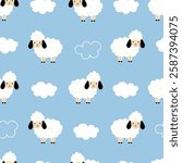 Seamless pattern with cute sheep and cloud for your fabric, children textile, apparel, nursery decoration, gift wrap paper, pajamas. Vector illustration