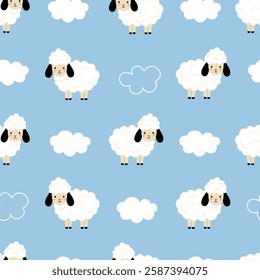 Seamless pattern with cute sheep and cloud for your fabric, children textile, apparel, nursery decoration, gift wrap paper, pajamas. Vector illustration