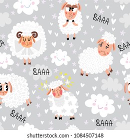 Seamless pattern with cute sheep, clouds and stars. Magic background can be used for wallpapers, pattern fills, surface textures.