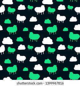 Seamless pattern with cute sheep and clouds. Green backgraund