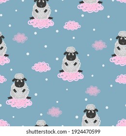 Seamless pattern with cute sheep and clouds. Vector childish background.