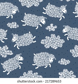 Seamless pattern with cute sheep and clouds. Vector illustration.