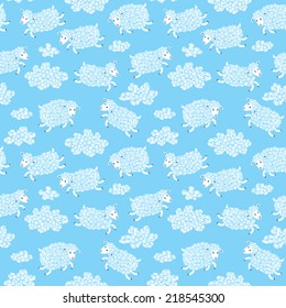 Seamless pattern with cute sheep and clouds. Vector illustration.