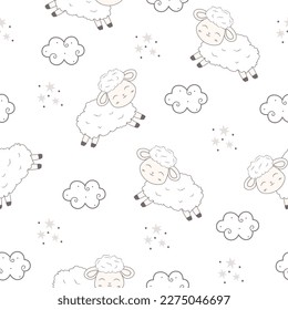 Seamless pattern with Cute sheep and clouds. Childish Cartoon Animals Background design for paper goods, background, wallpaper, wrapping, printing, fabric, swaddles, apparel and more