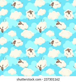 Seamless pattern with cute sheep and clouds.