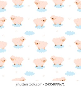 Seamless pattern with cute sheep and clouds. Sweet dreams, animal pattern, vector illustration, flat style. Kids design for fabric and decor.