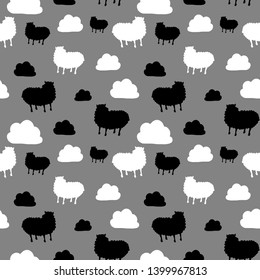 Seamless pattern with cute sheep and clouds.Grey backgraund