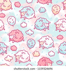 Seamless Pattern With Cute Sheep And Cotton Candy