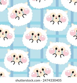 Seamless pattern of cute sheep crying and sad feeling background.Farm animal character cartoon design.Image for card,sticker,baby clothing.Kawaii.Illustration.